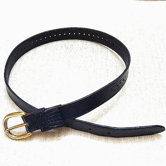 Charter Club Navy Blue Leather Belt Solid Brass Buckle - Picture 1 of 10